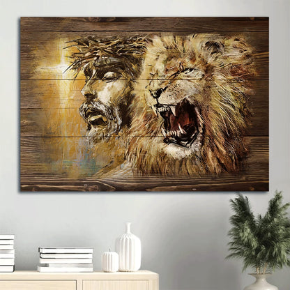 Angry Lion Stunning Jesus Face Yellow Background Canvas Wall Art - Christian Wall Decor