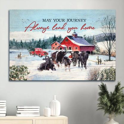 Angus Aberdeen Winter Farm Red Barn May Your Journey Always Lead You Home Canvas Wall Art - Christian Wall Decor