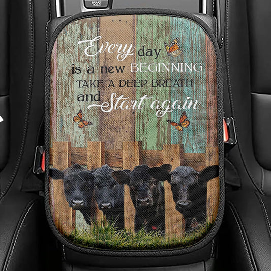 Angus Cow Everyday Is A New Beginning Seat Box Cover, Christian Car Center Console Cover, Bible Verse Car Interior Accessories