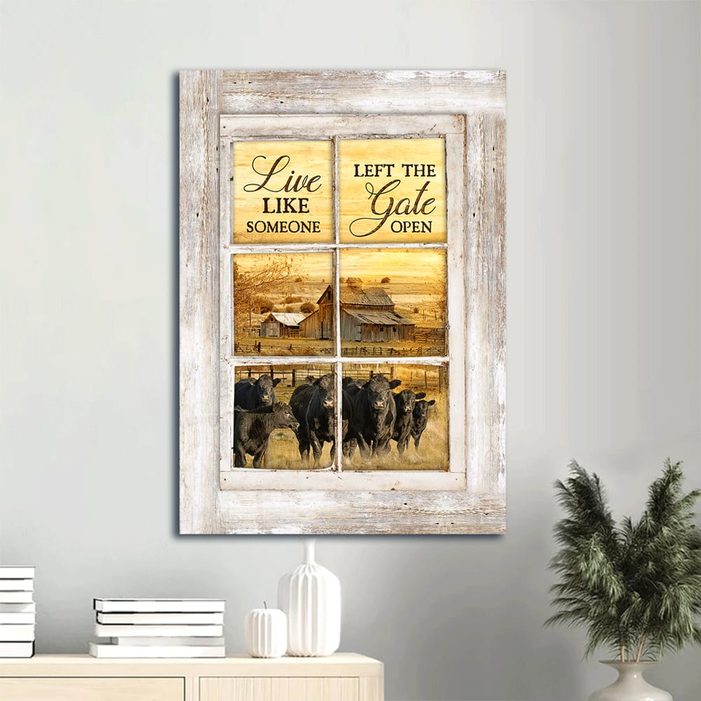 Angus Cow Portrait Canvas Wall Art - Live Like Someone Left The Gate Open Canvas Prints