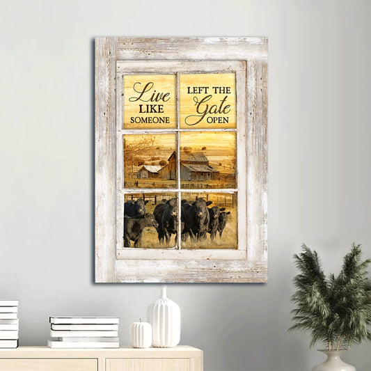 Angus Cow Portrait Canvas Wall Art - Live Like Someone Left The Gate Open Canvas Prints