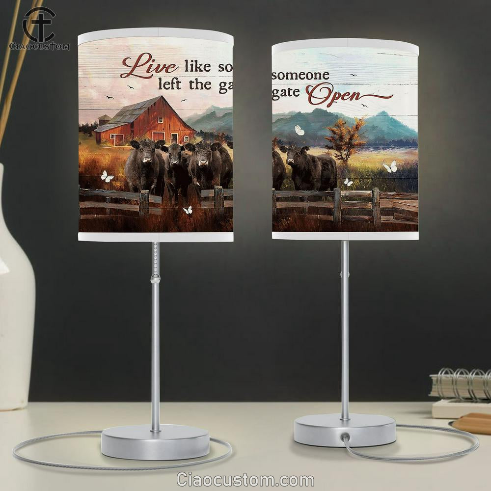 Angus Cow White Butterfly Live Like Someone Left The Gate Open Large Table Lamp - Christian Lamp Art - Bible Verse Table Lamp Art