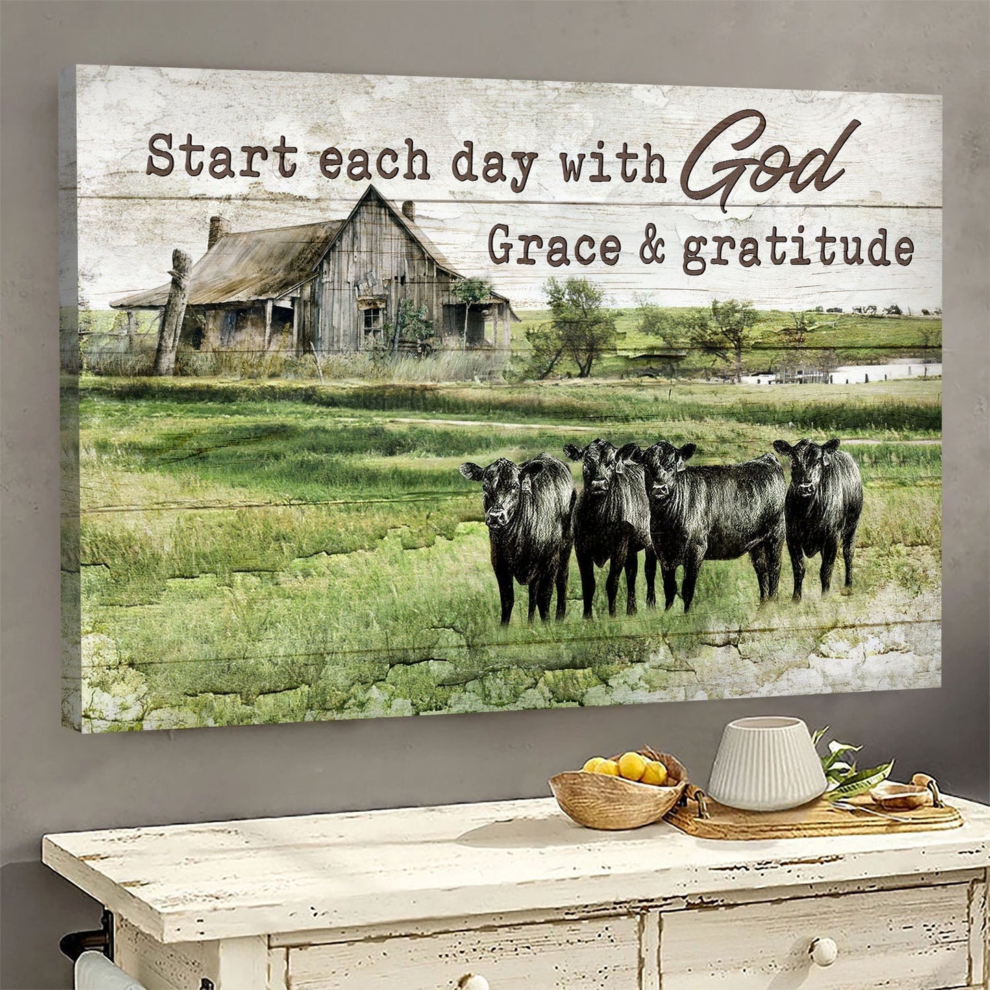Angus Cows Grassland Old Barn Painting Start Each Day With God Grace And Gratitude Canvas Wall Art - Christian Wall Decor