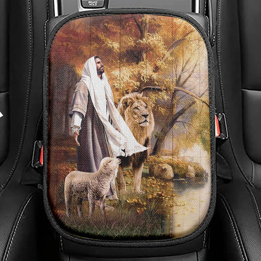 Animal Of God Stunning Lion White Lamb Autumn Forest Seat Box Cover, Christian Car Center Console Cover
