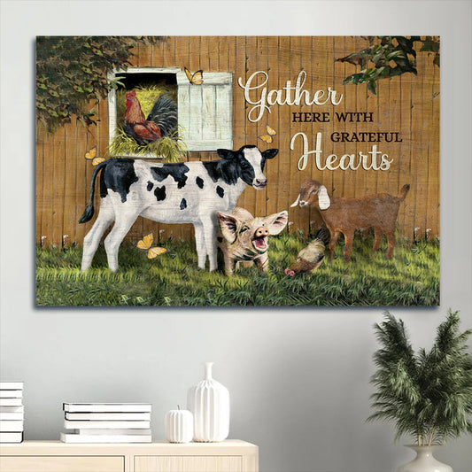 Animal Painting Dairy Cow Butterfly Gather Here With Grateful Hearts Canvas Wall Art - Christian Wall Decor