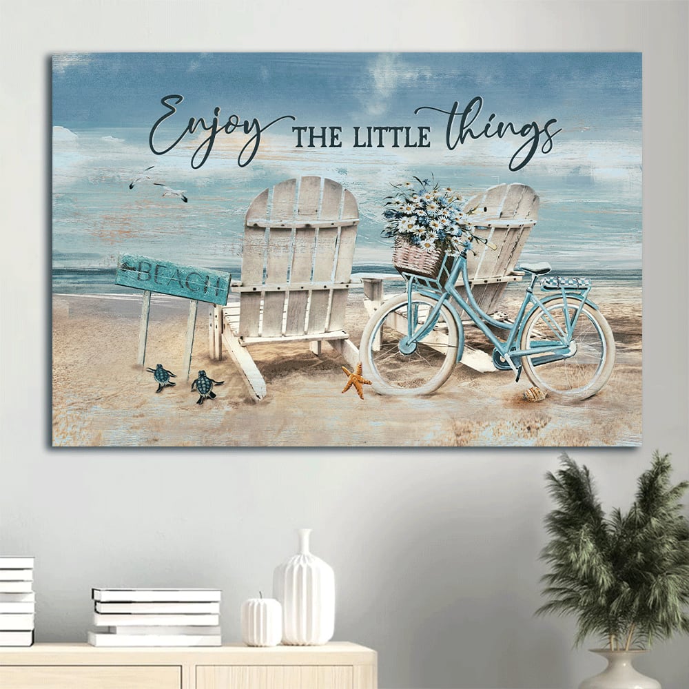Antique Chair Blue Bicycle Beautiful Ocean Enjoy The Little Things Canvas Wall Art - Christian Wall Decor
