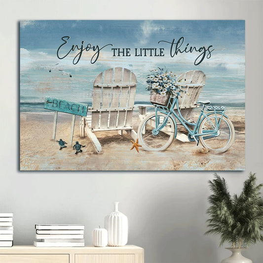 Antique Chair Blue Bicycle Beautiful Ocean Enjoy The Little Things Canvas Wall Art - Christian Wall Decor