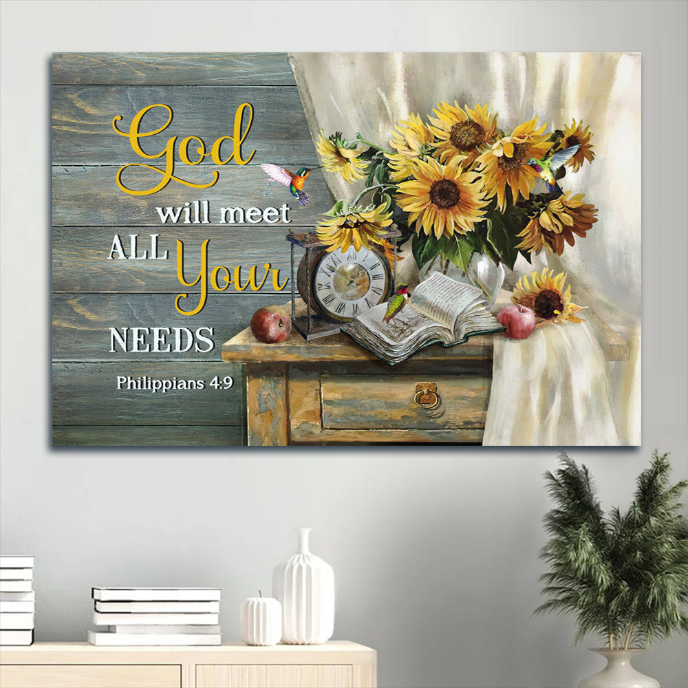 Antique Clock Sunflower Vase Old Bible God Will Meet All Your Needs Canvas Wall Art - Christian Wall Decor