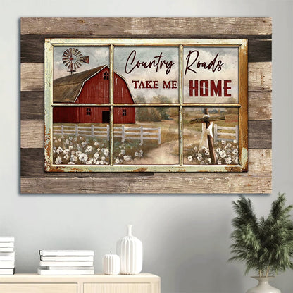 Antique Window White Poppy Red House Country Roads Take Me Home Canvas Wall Art - Christian Wall Decor