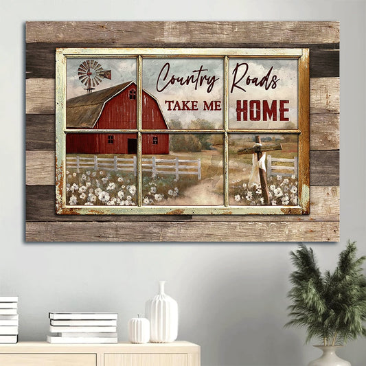 Antique Window White Poppy Red House Country Roads Take Me Home Canvas Wall Art - Christian Wall Decor