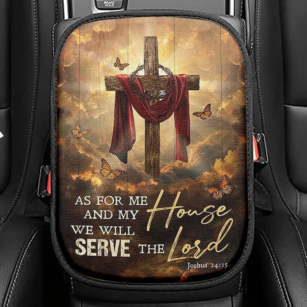 As For Me And My House Big Cross Butterfly Seat Box Cover, Christian Car Center Console Cover, Bible Verse Car Interior Accessories