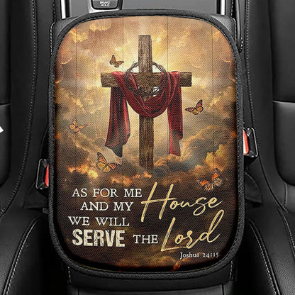 As For Me And My House Big Cross Butterfly Seat Box Cover, Christian Car Center Console Cover, Bible Verse Car Interior Accessories