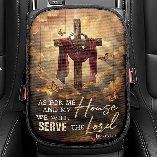 As For Me And My House Big Cross Butterfly Seat Box Cover, Christian Car Center Console Cover, Bible Verse Car Interior Accessories
