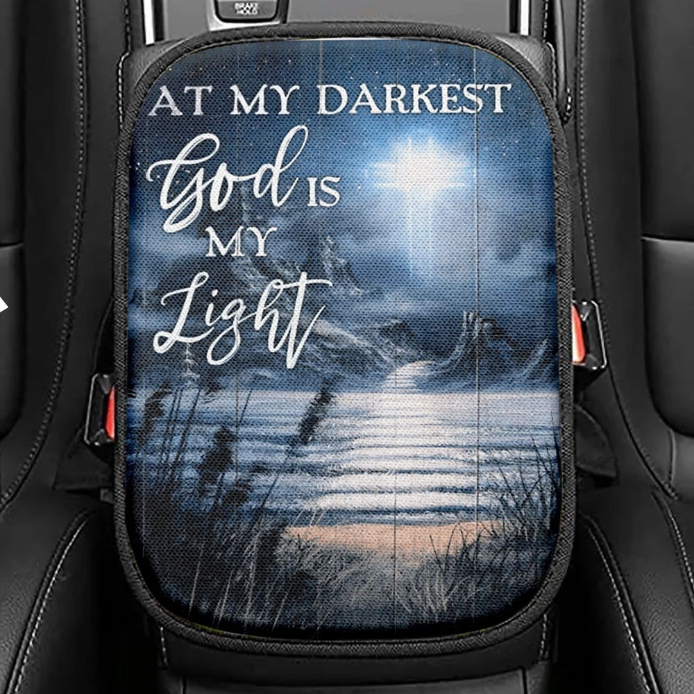 At My Darkest God Is My Light Seat Box Cover, Bible Verse Car Center Console Cover, Christian Inspirational Car Interior Accessories