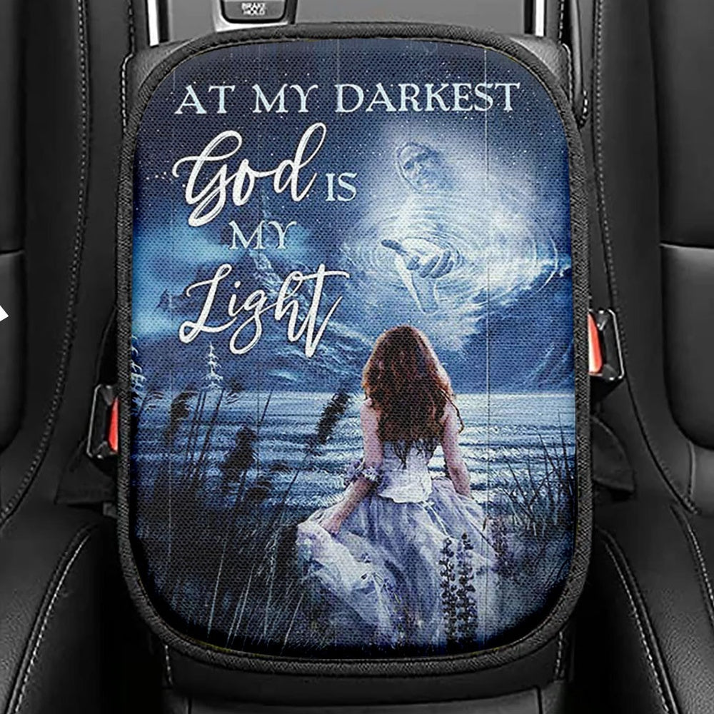 At My Darkest God Is My Light Seat Box Cover, Christian Car Center Console Cover, Religious Car Interior Accessories