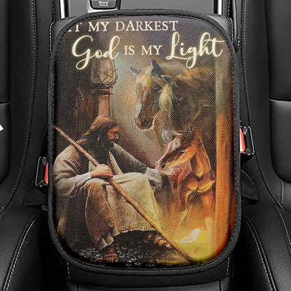 At My Darkest God Is My Light Seat Box Cover, Jesus And Horse Family Car Center Console Cover, Christian Car Interior Accessories