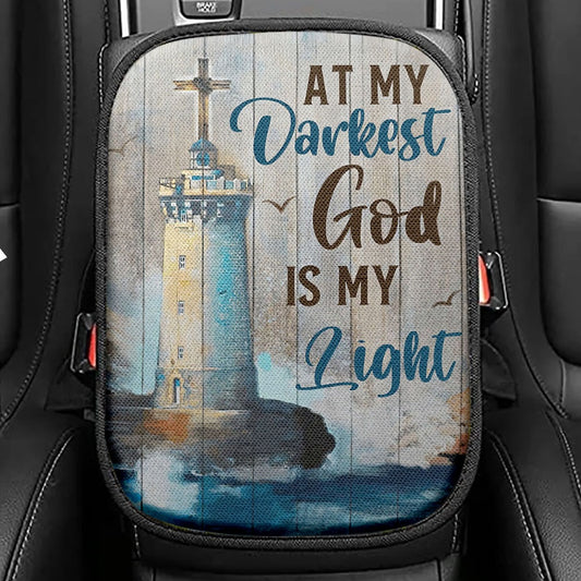 At My Drakest God Is My Life Lighthouse Seat Box Cover, Christian Car Center Console Cover, Religious Car Interior Accessories