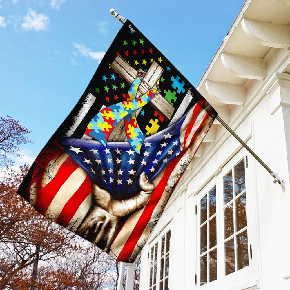 Autism Awareness Christian Cross House Flags - Christian Garden Flags - Outdoor Christian Flag