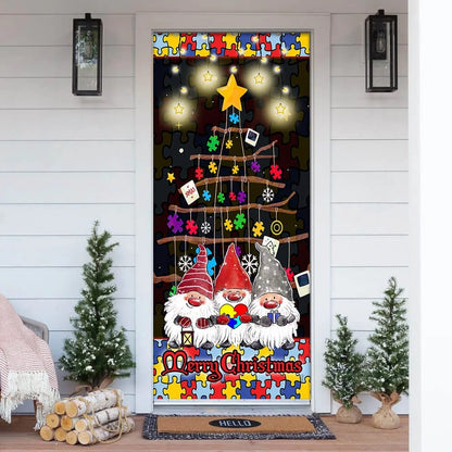 Autism Family Merry Christmas Door Cover - Front Door Christmas Cover - Christmas Outdoor Decoration