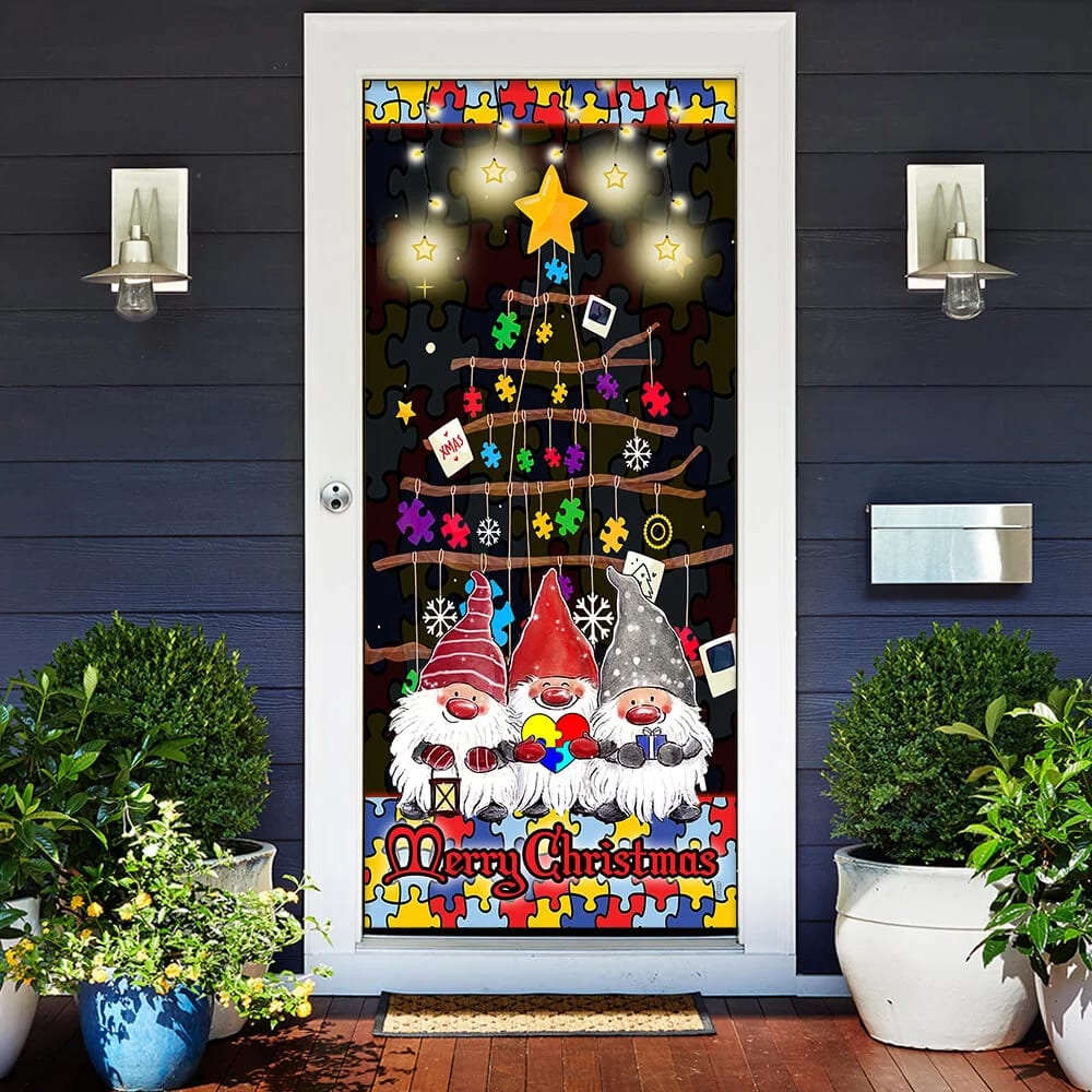Autism Family Merry Christmas Door Cover - Front Door Christmas Cover - Christmas Outdoor Decoration