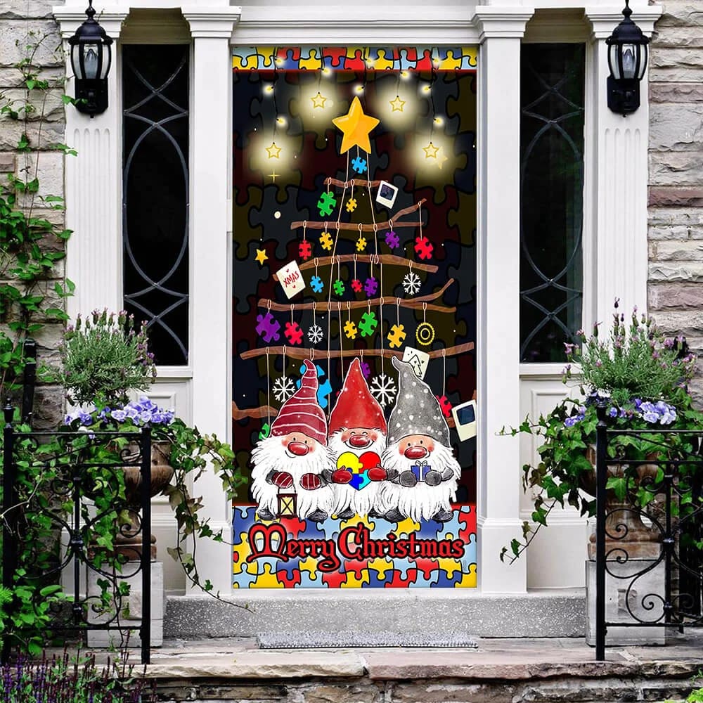 Autism Family Merry Christmas Door Cover - Front Door Christmas Cover - Christmas Outdoor Decoration