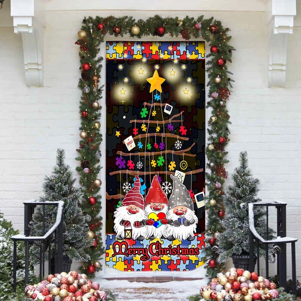 Autism Family Merry Christmas Door Cover - Front Door Christmas Cover - Christmas Outdoor Decoration