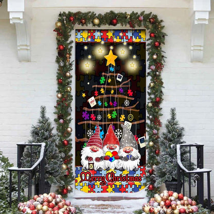 Autism Family Merry Christmas Door Cover - Front Door Christmas Cover - Christmas Outdoor Decoration