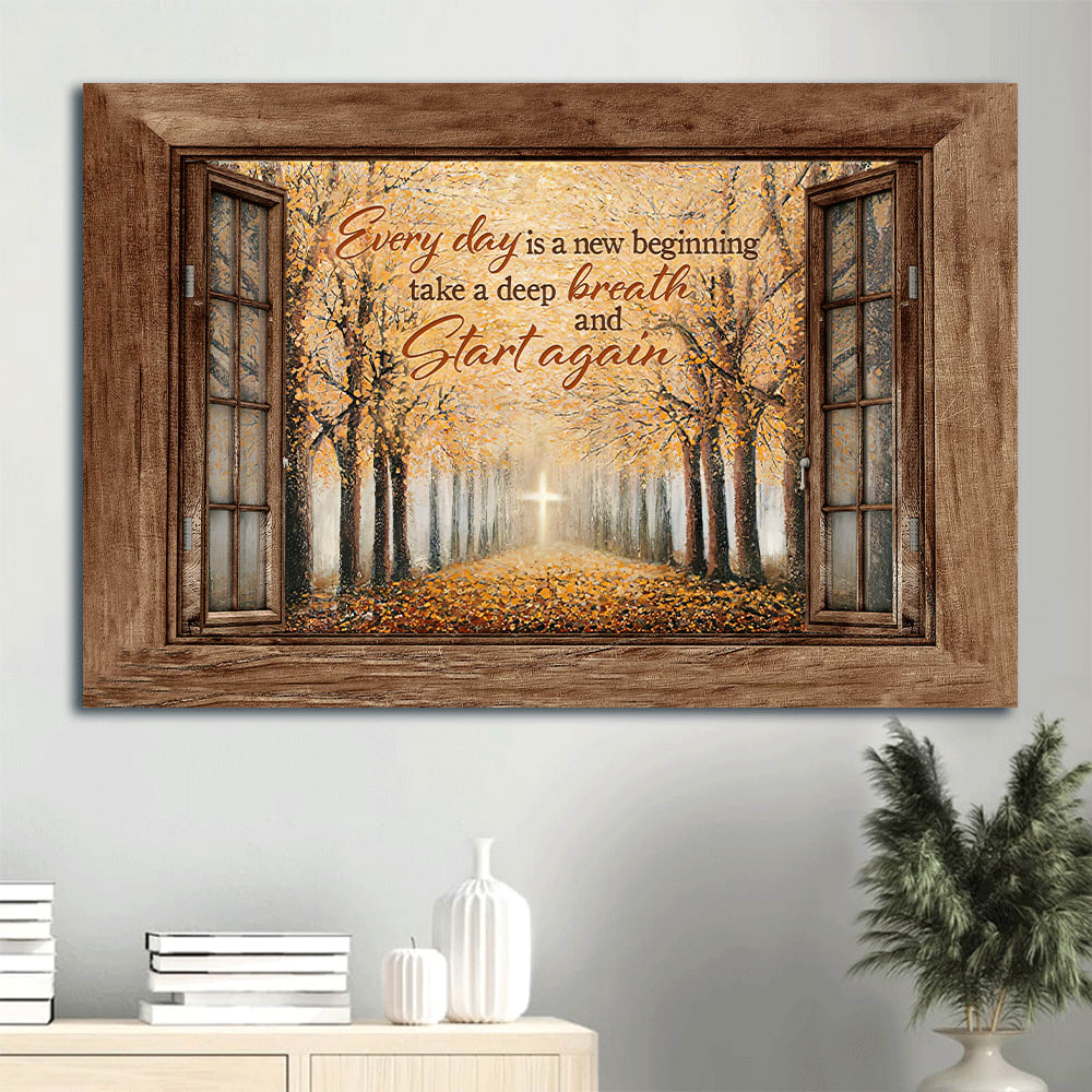 Autumn Forest Yellow Leaf Golden Cross Every Day Is A New Beginning Canvas Wall Art - Christian Wall Decor