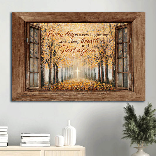Autumn Forest Yellow Leaf Golden Cross Every Day Is A New Beginning Canvas Wall Art - Christian Wall Decor