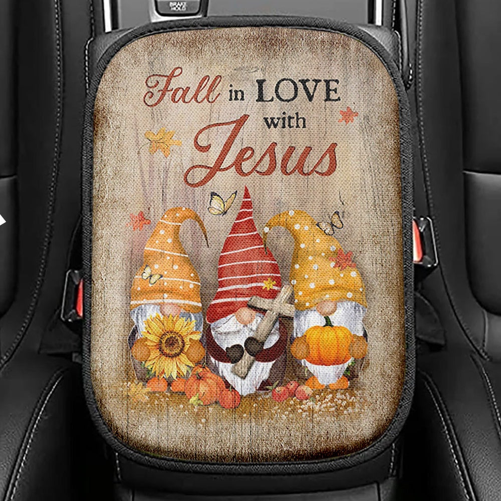 Autumn Gnome Wooden Cross Sunflower Butterfly, Fall In Love With Jesus Car Center Console Cover, Christian Car Interior Accessories
