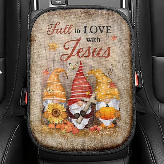 Autumn Gnome Wooden Cross Sunflower Butterfly, Fall In Love With Jesus Car Center Console Cover, Christian Car Interior Accessories