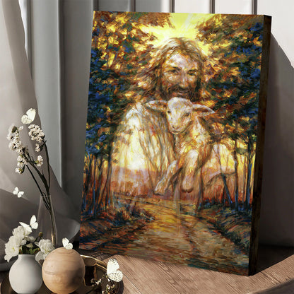 Autumn Path With Jesus Holding Lamb Canvas Pictures - Jesus Canvas Painting - Christian Canvas Prints