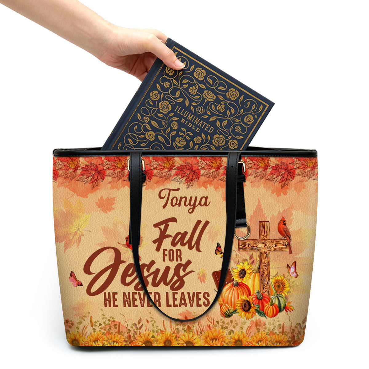 Autumn Season Bag Fall For Jesus He Never Leaves Personalized Large Leather Tote Bag - Christian Gifts For Women