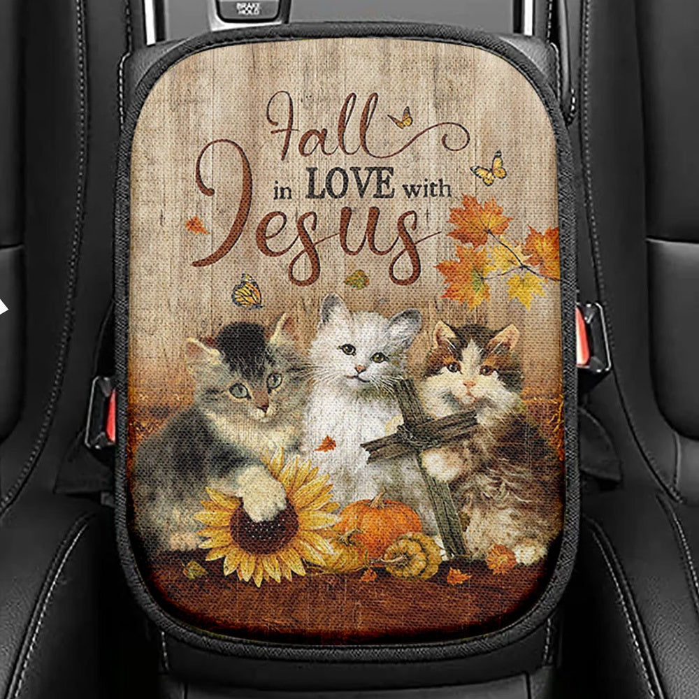 Autumn Season Cute Kittens Pumpkin Cat Painting Seat Box Cover, Fall In Love With Jesus Car Center Console Cover, Christian Car Interior Accessories