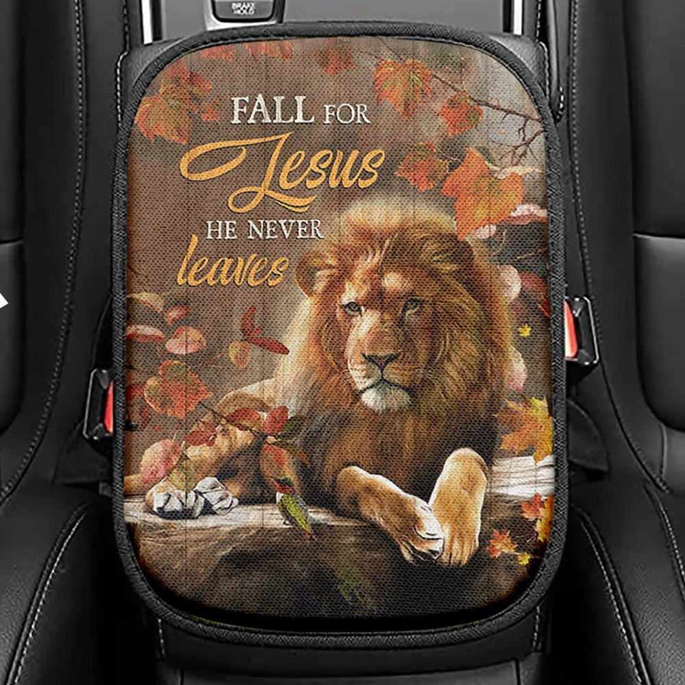 Autumn Season Lion Of Judah Autumn Leaves Fall For He Never Leaves Seat Box Cover, Christian Car Center Console Cover