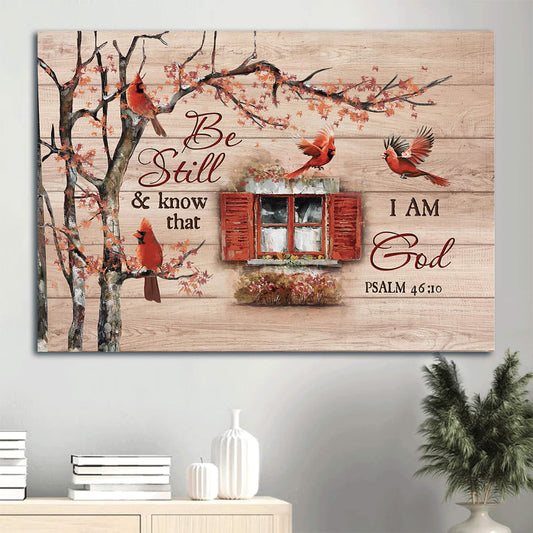 Autumn Season Red Cardinal Vintage Windows Cranberry Canvas Be Still & Know That I Am God Canvas Wall Art - Christian Wall Decor