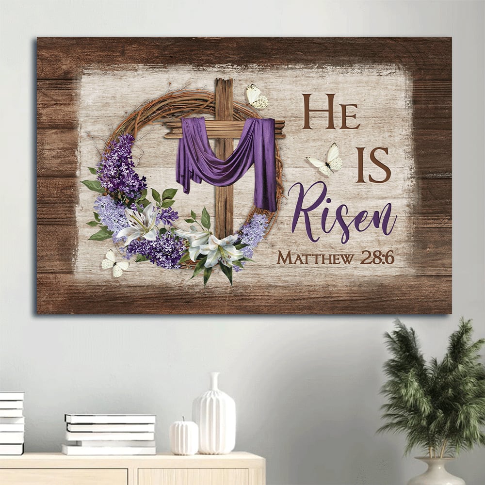 Awesome Cross White Butterfly Floral Wreath Purple Silk Canvas He Is Risen Canvas Wall Art - Christian Wall Decor