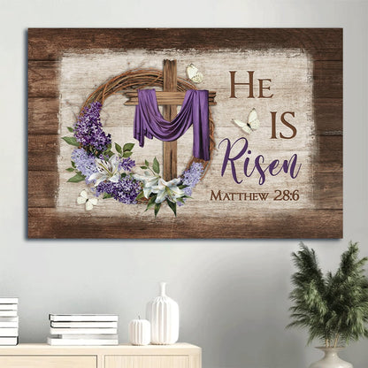 Awesome Cross White Butterfly Floral Wreath Purple Silk Canvas He Is Risen Canvas Wall Art - Christian Wall Decor
