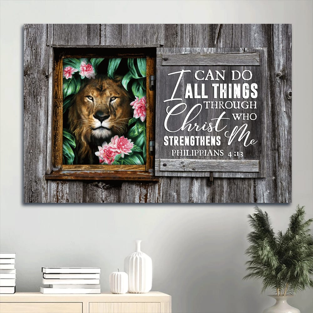 Awesome Lion Flower Canvas I Can Do All Things Through Christ Who Strengthens Me Canvas Wall Art - Christian Wall Decor