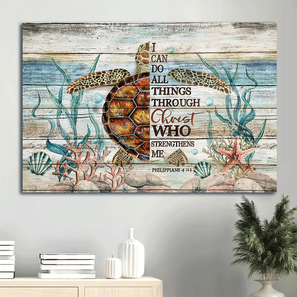 Awesome Sea Turtle Amazing Sea Life Turtle Drawing Canvas I Can Do All Things Through Christ Canvas Wall Art - Christian Wall Decor