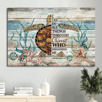 Awesome Sea Turtle Amazing Sea Life Turtle Drawing Canvas I Can Do All Things Through Christ Canvas Wall Art - Christian Wall Decor