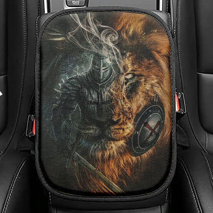 Awesome Warrior And Lion Seat Box Cover, Christian Car Center Console Cover, Religious Car Interior Accessories
