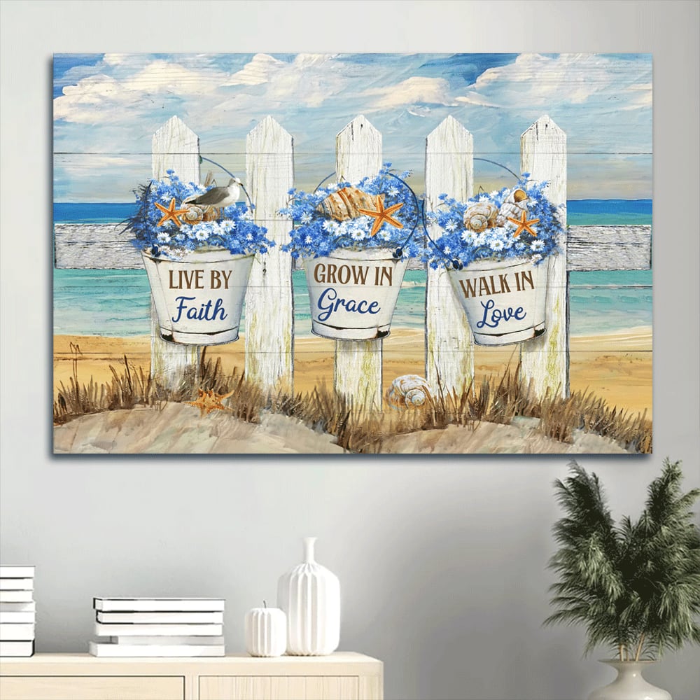 Baby Flower Beach Drawing White Fence Sea Animal Canvas Live By Faith Canvas Wall Art - Christian Wall Decor