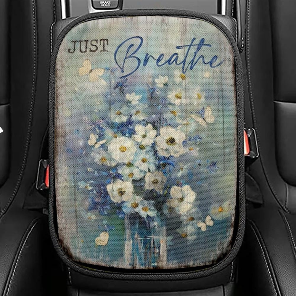Baby Flower Butterfly Just Breathe Car Center Console Cover, Christian Armrest Seat Cover, Bible Seat Box Cover