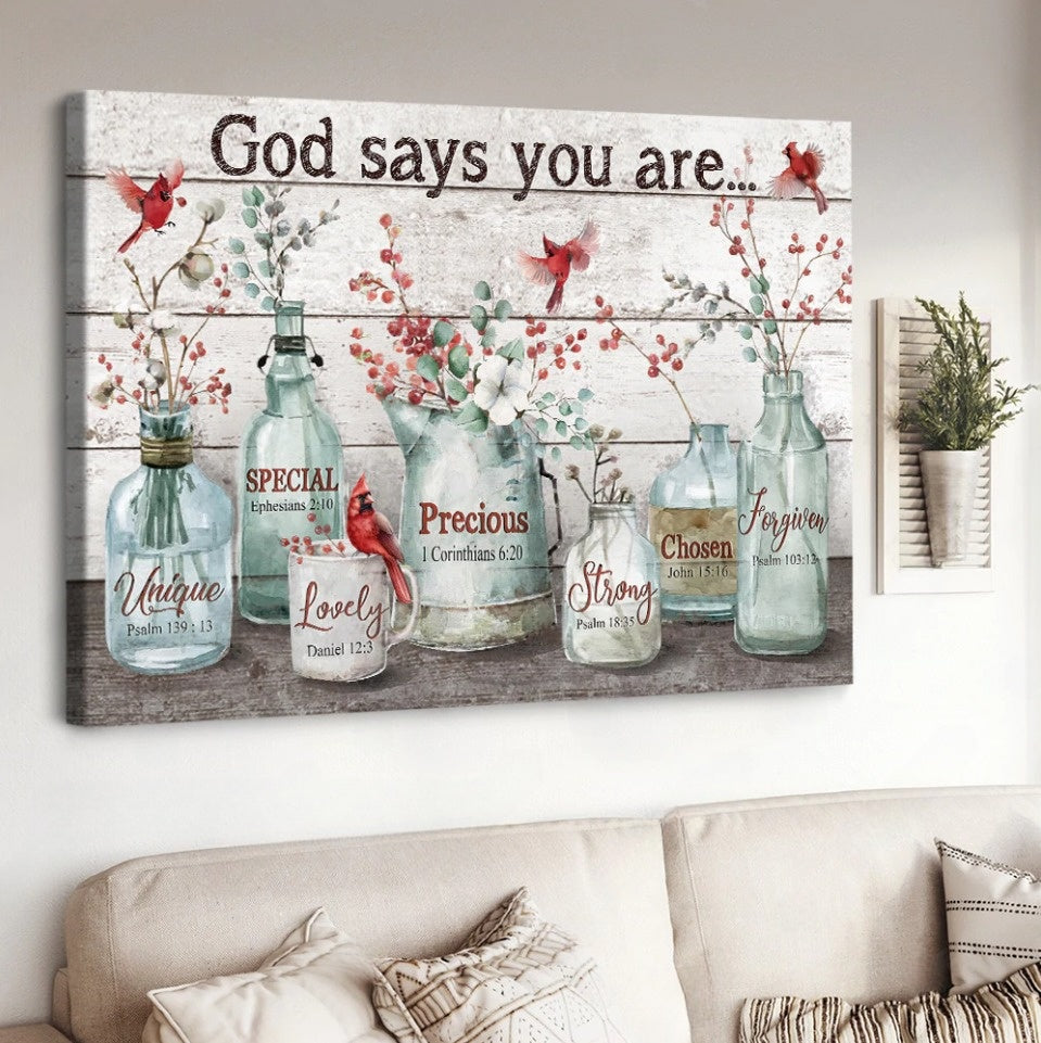 Baby Flower Cardinal Crystal Vase God Says You Are Canvas Wall Art - Christian Poster - Religious Wall Decor