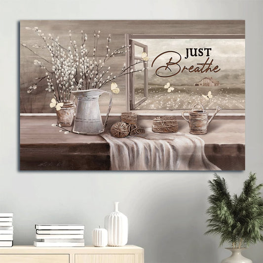 Baby Flower Rope Drawing White Butterfly Canvas Just Breathe Canvas Wall Art - Christian Wall Decor