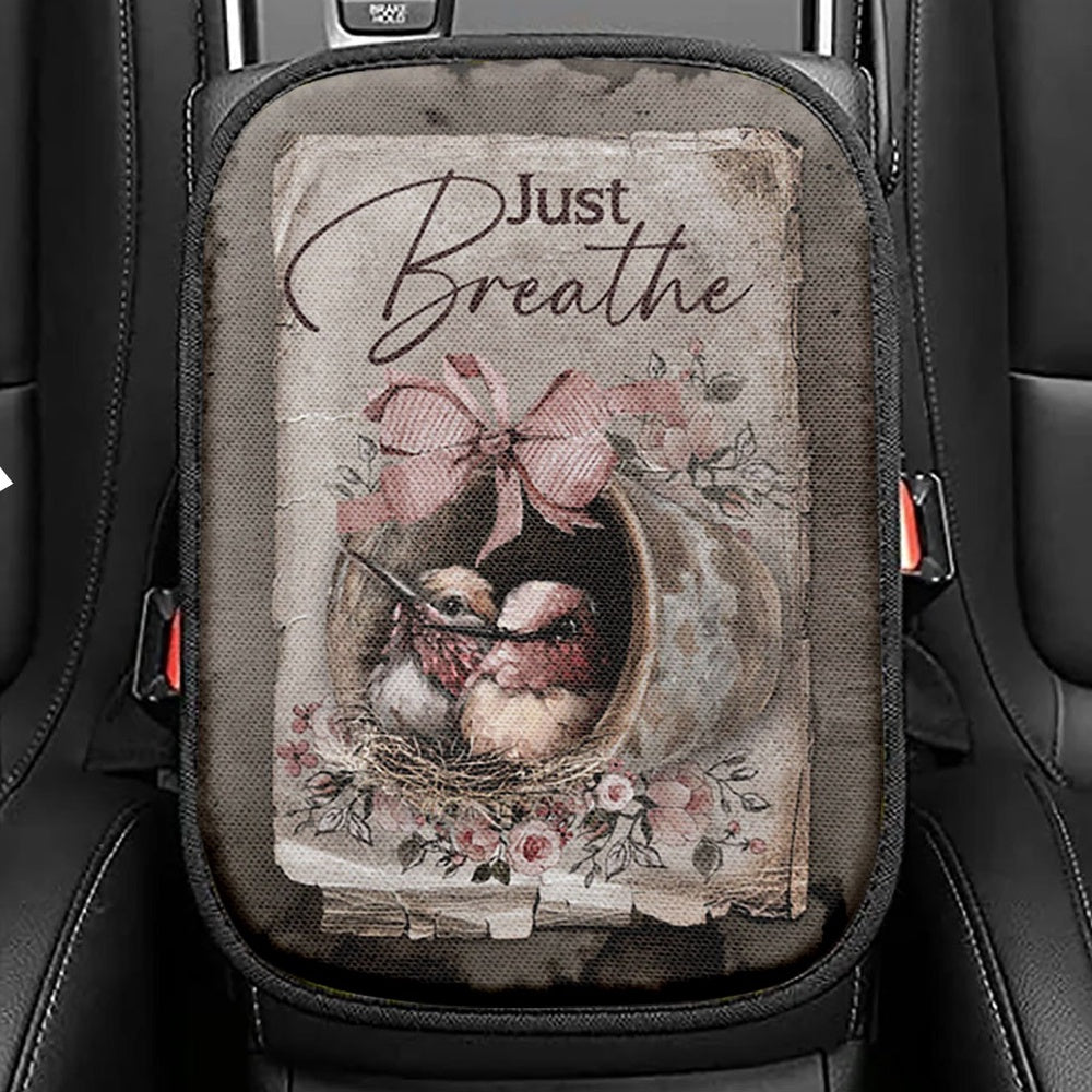 Baby Hummingbird Just Breathe Seat Box Cover, Christian Car Center Console Cover, Bible Verse Car Interior Accessories