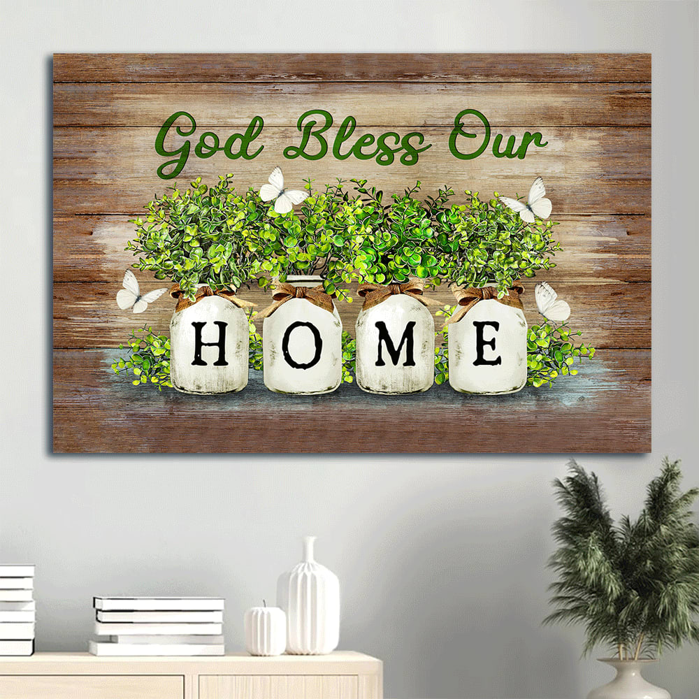 Baby Rubber Plant Vase White Butterfly God Bless Our Home Canvas Wall Art - Christian Wall Decor
