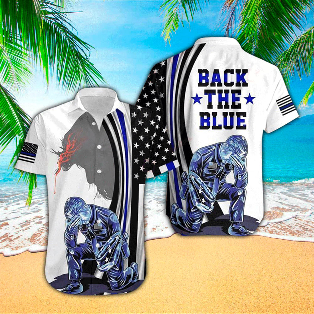 Back The Blue Police Flag American Jesus Christ All Over Printed Hawaiian Shirt - Christian Hawaiian Shirt for Men Women
