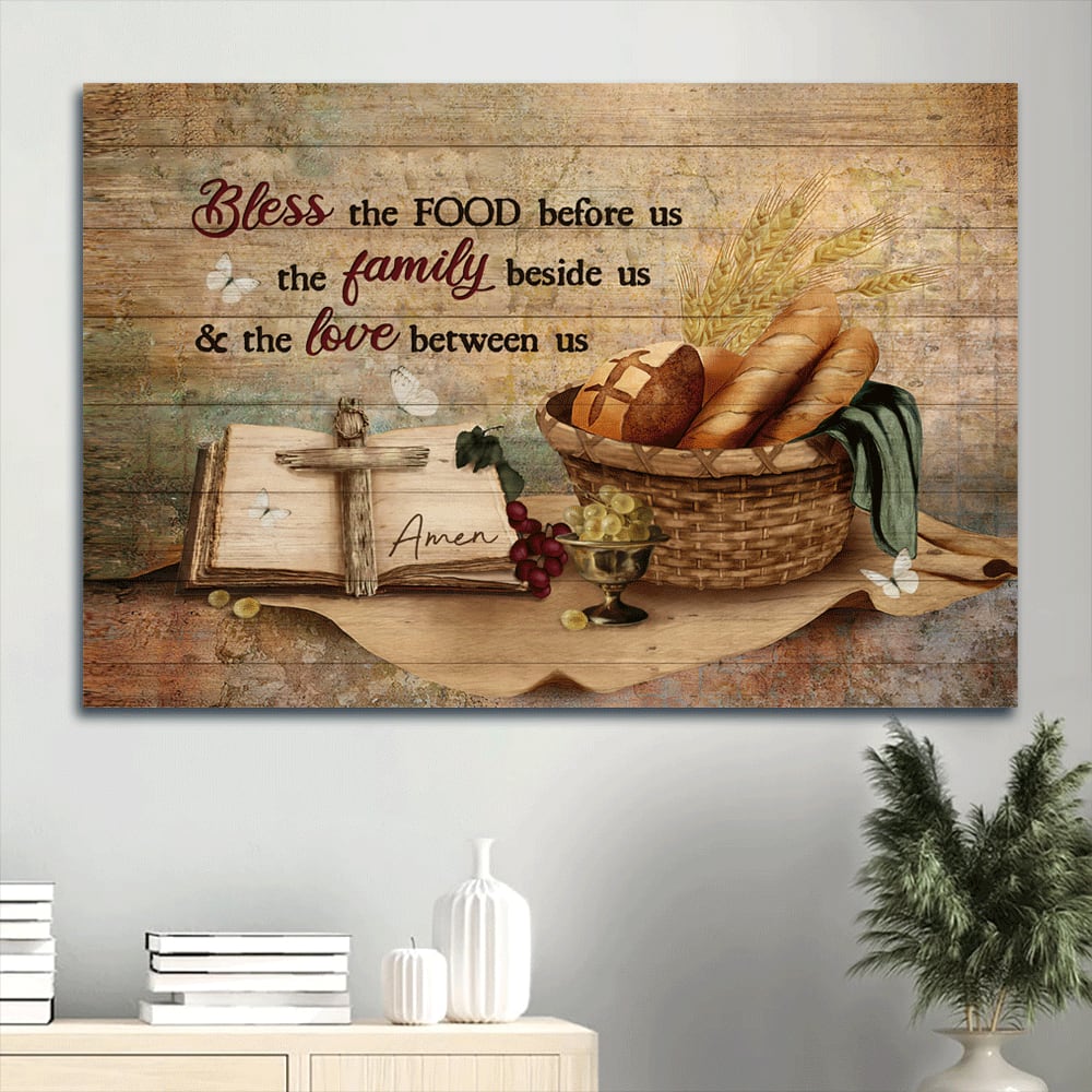 Baguette Painting Grapes Drawing Religious Text Book Bless The Food Canvas Wall Art - Christian Wall Decor